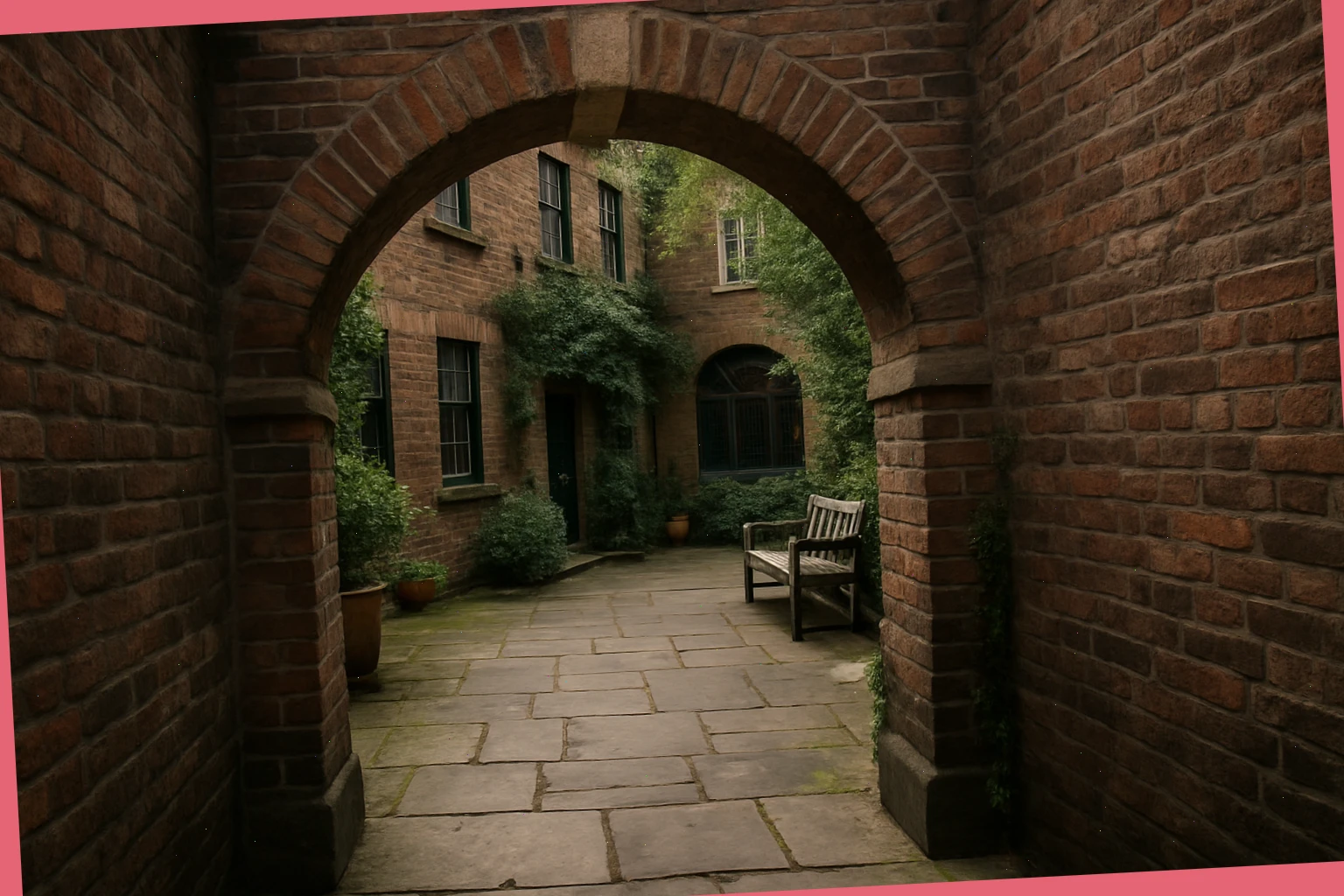 Brick arch leading into a quiet London courtyard