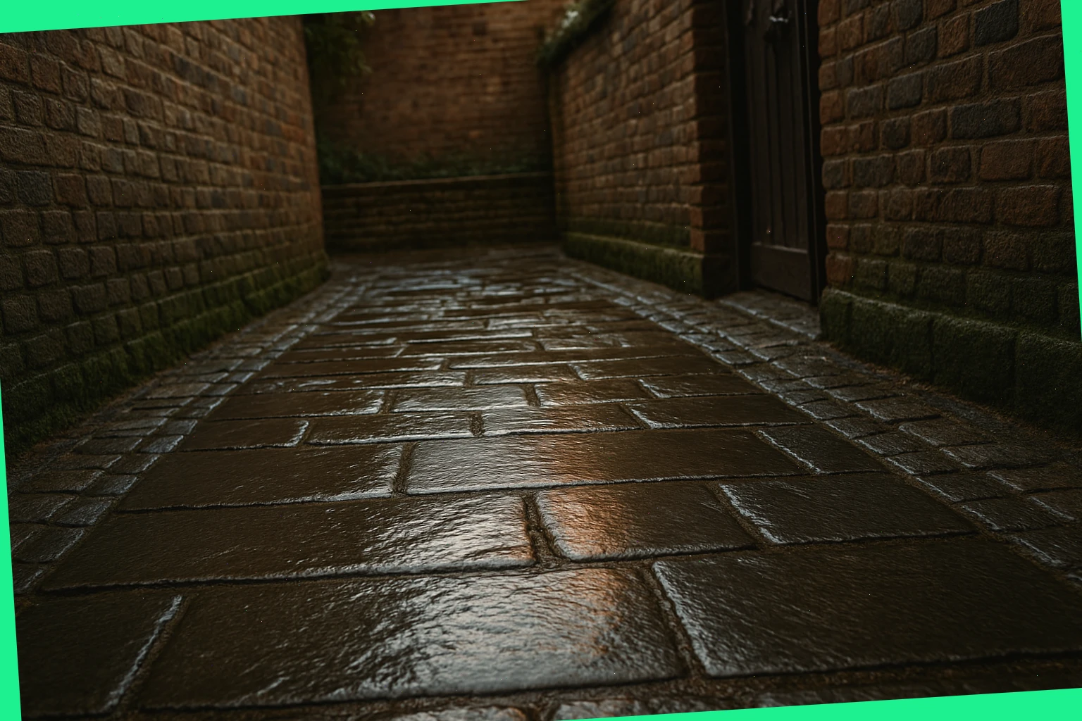 Shiny paving stones after light rain in a passage