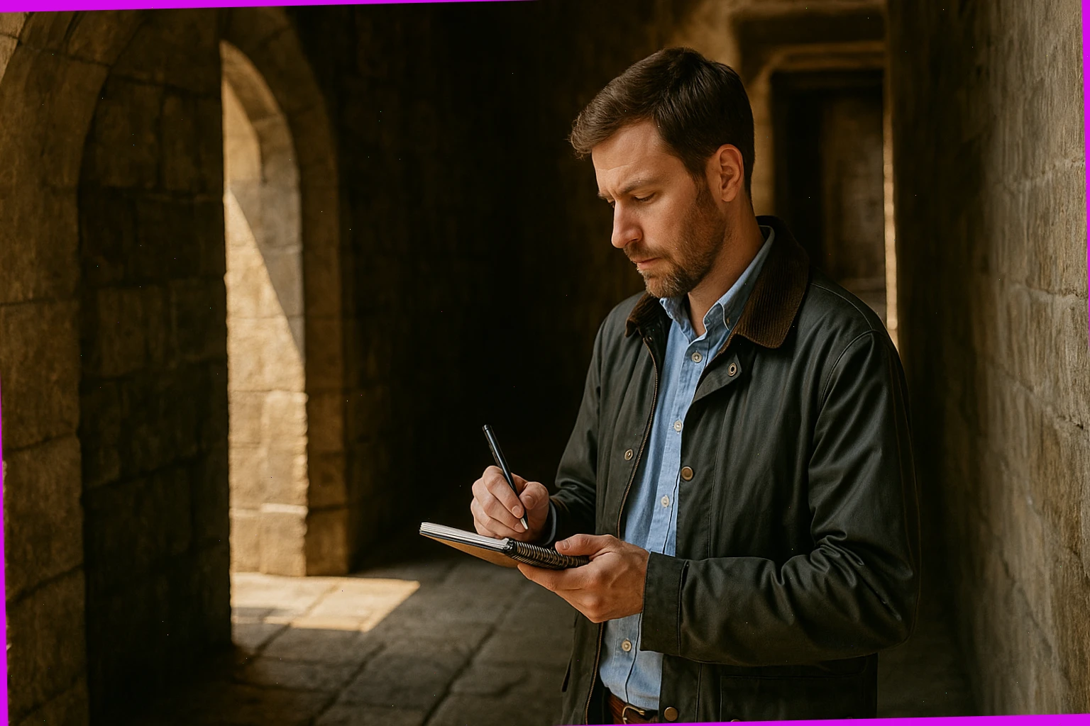 Guide noting a sunlit stone passage